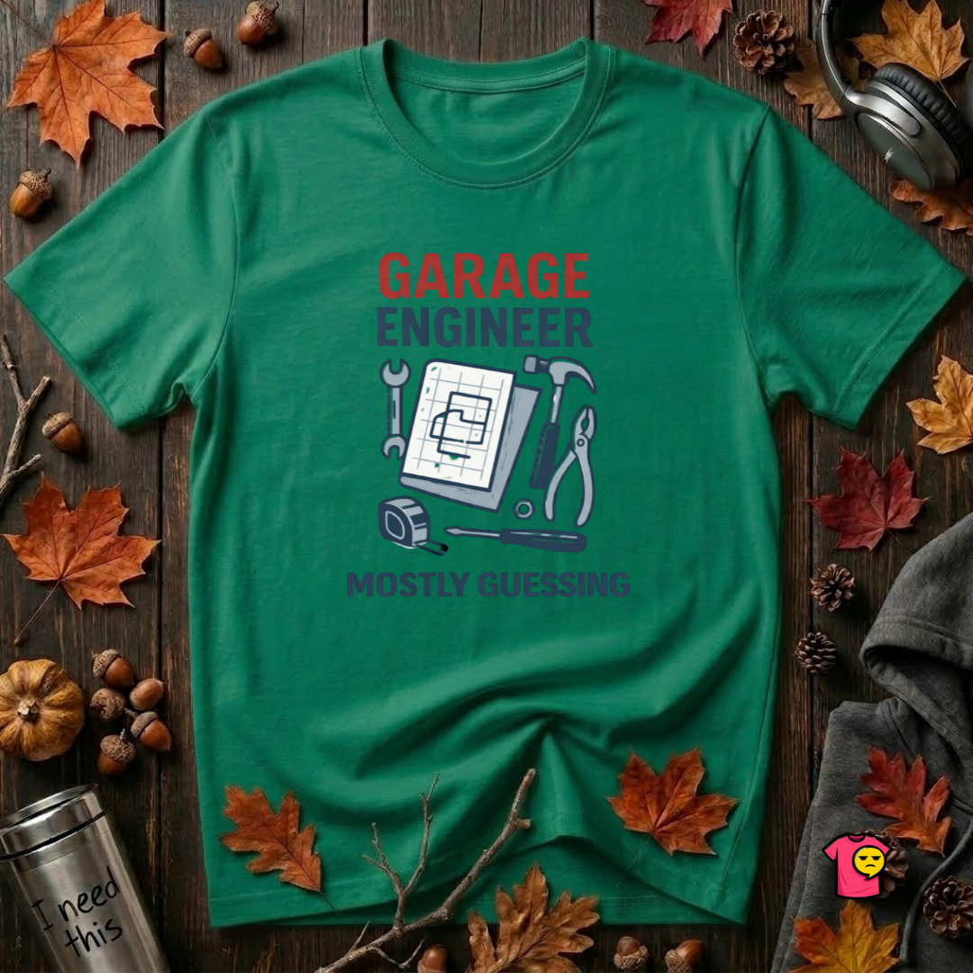 Garage Engineer -- Mostly Guessing sarcastic graphic t-shirt in Kelly by Snarky Sarks