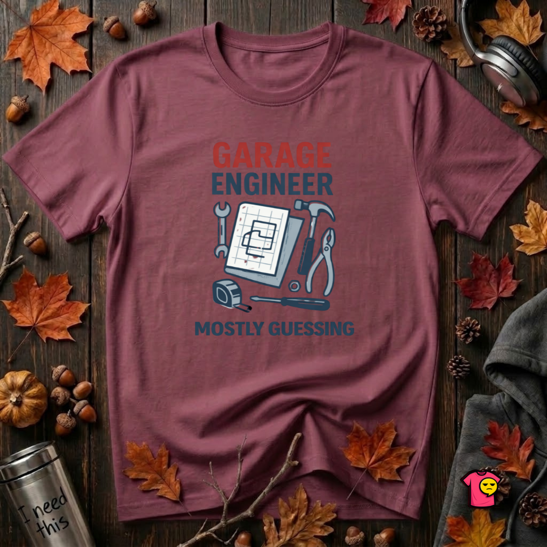 Garage Engineer -- Mostly Guessing sarcastic graphic t-shirt in Maroon by Snarky Sarks