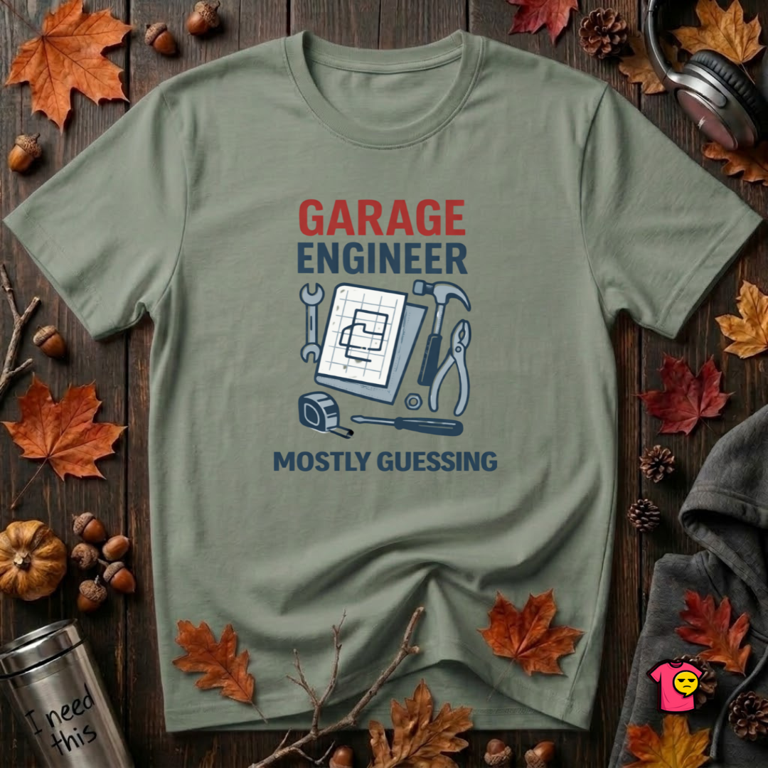 Garage Engineer -- Mostly Guessing sarcastic graphic t-shirt in Military Green by Snarky Sarks