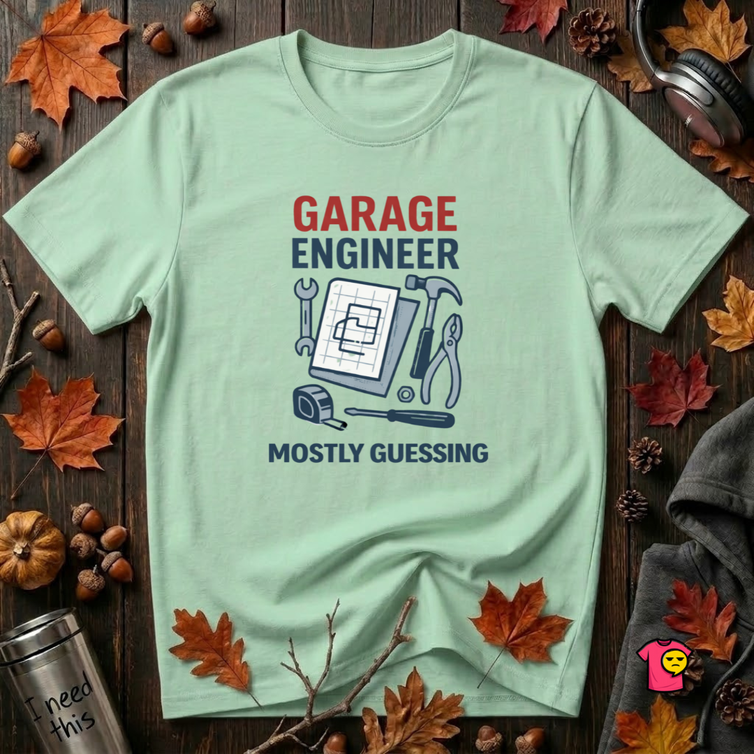 Garage Engineer -- Mostly Guessing sarcastic graphic t-shirt in Mint by Snarky Sarks