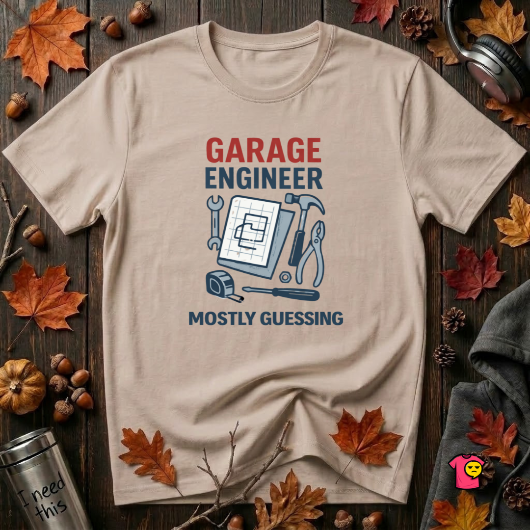 Garage Engineer -- Mostly Guessing sarcastic graphic t-shirt in Natural by Snarky Sarks