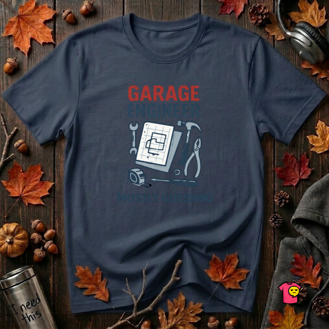 Garage Engineer -- Mostly Guessing sarcastic graphic t-shirt in Navy by Snarky Sarks
