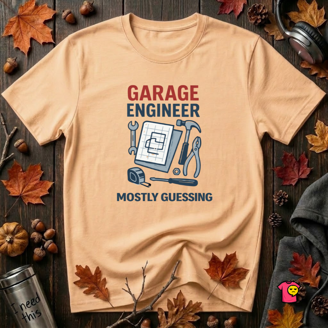 Garage Engineer -- Mostly Guessing sarcastic graphic t-shirt in Peach by Snarky Sarks