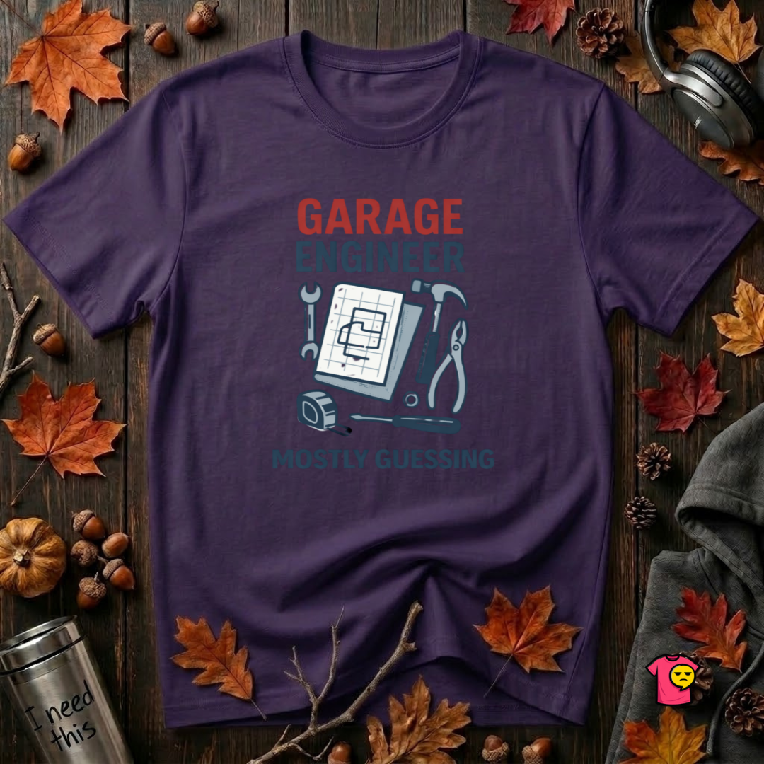 Garage Engineer -- Mostly Guessing sarcastic graphic t-shirt in Purple by Snarky Sarks