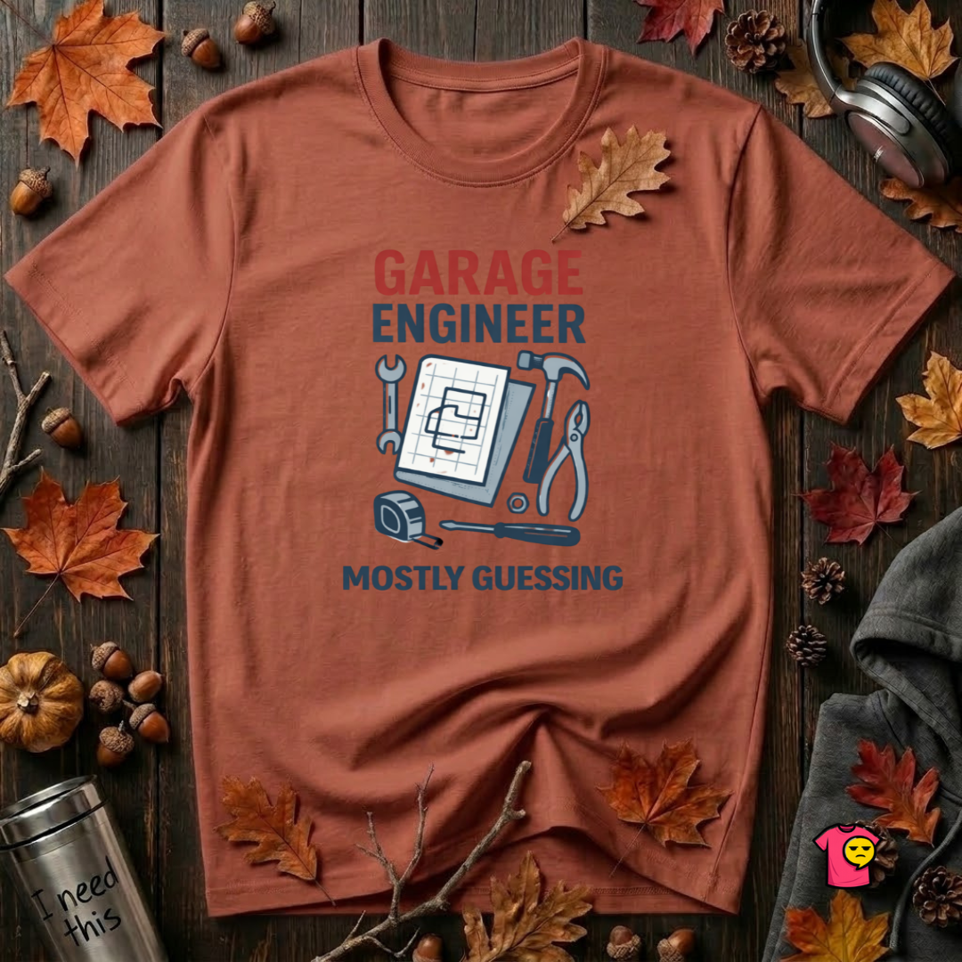Garage Engineer -- Mostly Guessing sarcastic graphic t-shirt in Rust by Snarky Sarks