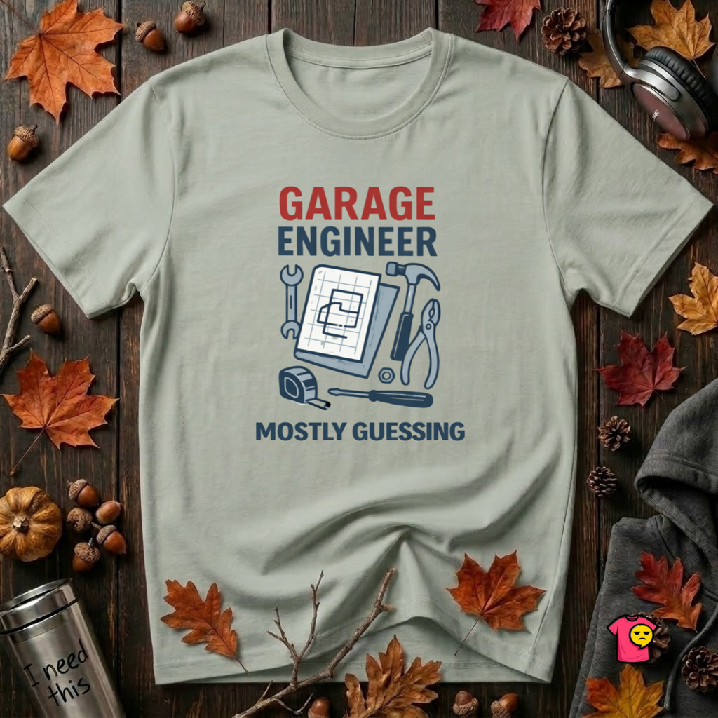 Garage Engineer -- Mostly Guessing sarcastic graphic t-shirt in Sage by Snarky Sarks