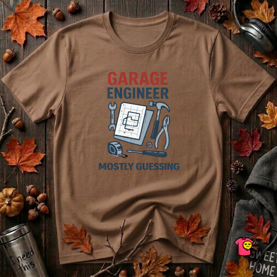 Garage Engineer -- Mostly Guessing sarcastic graphic t-shirt in Sand Dune by Snarky Sarks