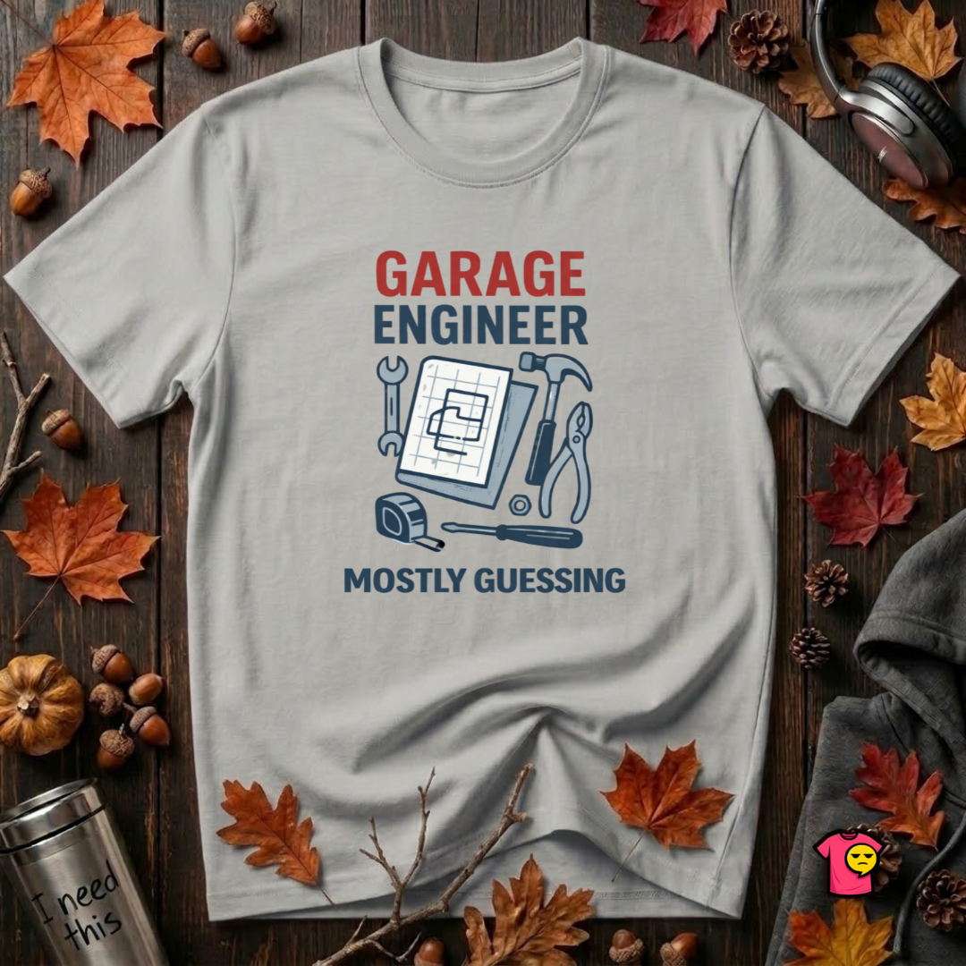 Garage Engineer -- Mostly Guessing sarcastic graphic t-shirt in Silver by Snarky Sarks