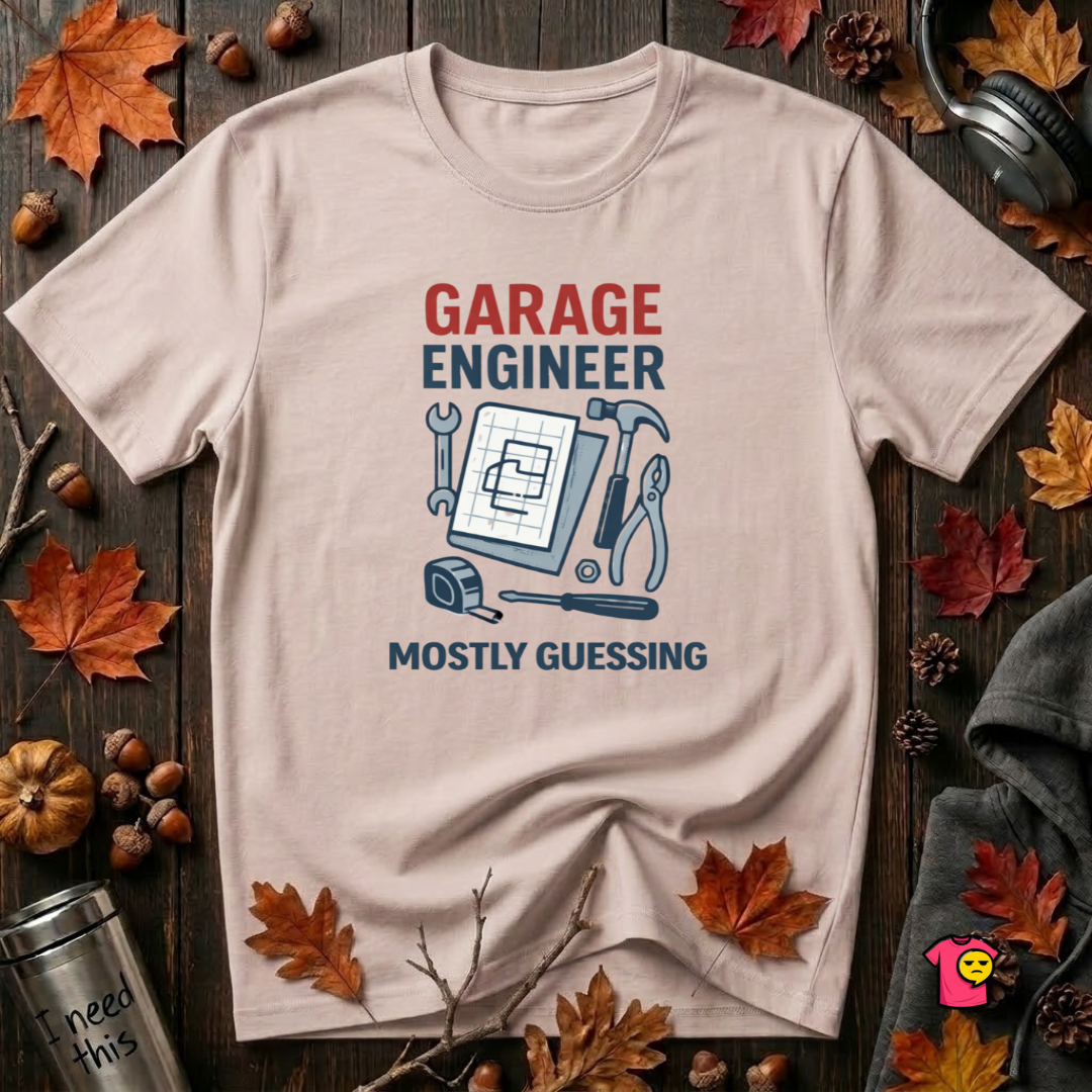 Garage Engineer -- Mostly Guessing sarcastic graphic t-shirt in Soft Pink by Snarky Sarks