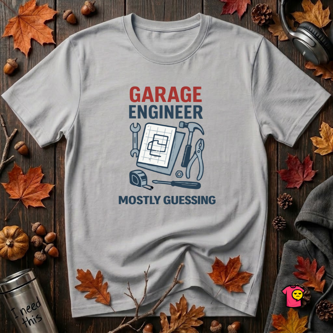 Garage Engineer -- Mostly Guessing sarcastic graphic t-shirt in Solid Athletic Gray by Snarky Sarks