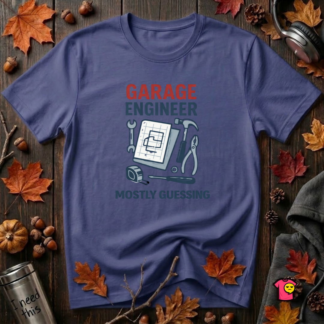 Garage Engineer -- Mostly Guessing sarcastic graphic t-shirt in Team Navy by Snarky Sarks