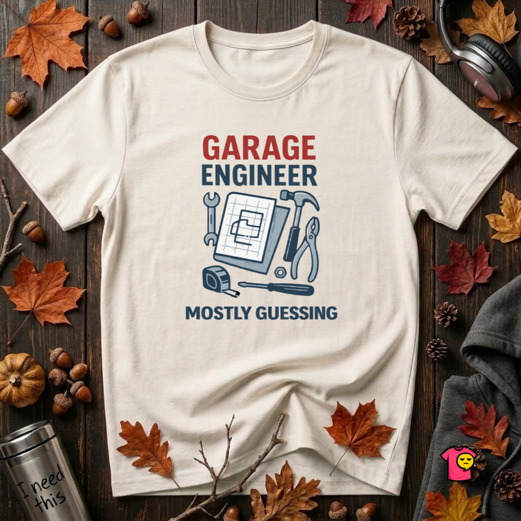 Garage Engineer -- Mostly Guessing sarcastic graphic t-shirt in White by Snarky Sarks