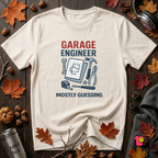 Garage Engineer -- Mostly Guessing sarcastic graphic t-shirt in White by Snarky Sarks
