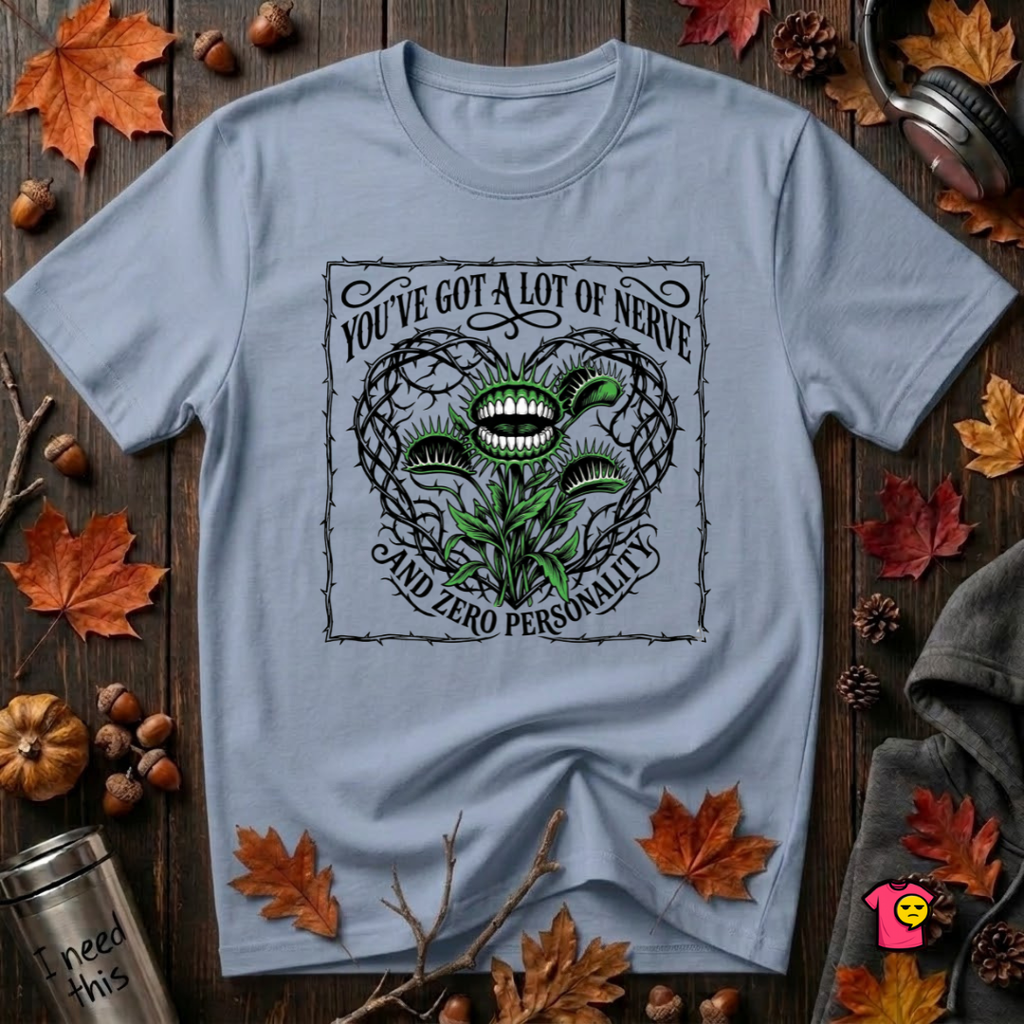 You've Got a Lot of Nerve Venus flytrap t-shirt in Heather Prism Blue by Snarky Sarks
