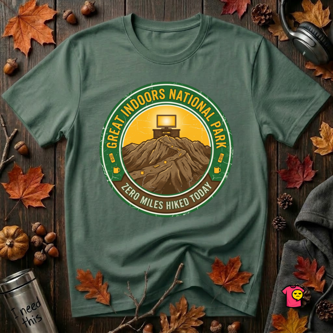 Great Indoors National Park sarcastic graphic t-shirt in Heather Forest by Snarky Sarks