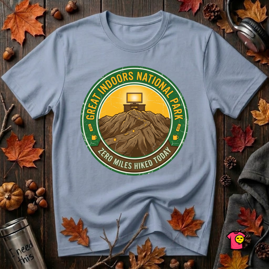 Great Indoors National Park sarcastic graphic t-shirt in Heather Prism Blue by Snarky Sarks