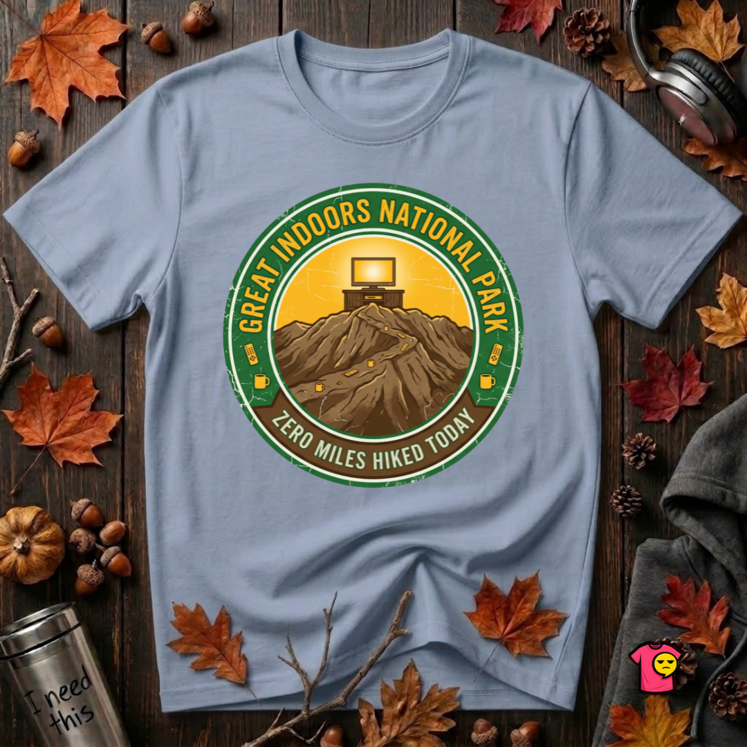 Great Indoors National Park sarcastic graphic t-shirt in Heather Prism Blue by Snarky Sarks