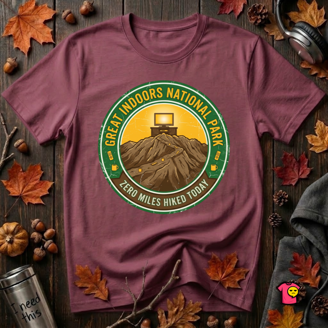 Great Indoors National Park sarcastic graphic t-shirt in Maroon by Snarky Sarks