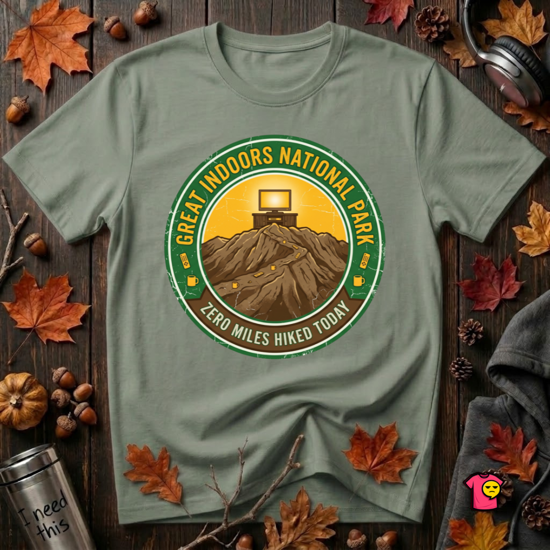 Great Indoors National Park sarcastic graphic t-shirt in Military Green by Snarky Sarks