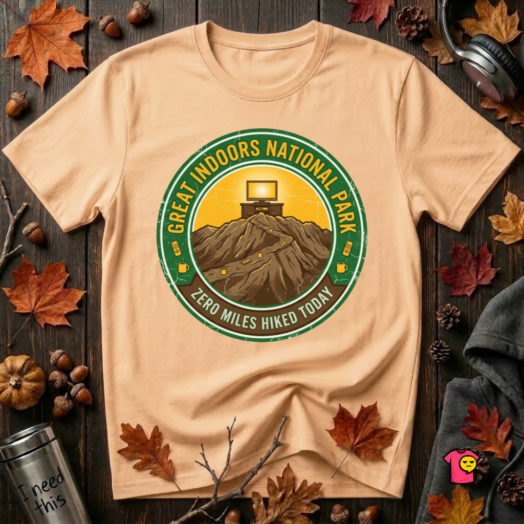 Great Indoors National Park sarcastic graphic t-shirt in Peach by Snarky Sarks