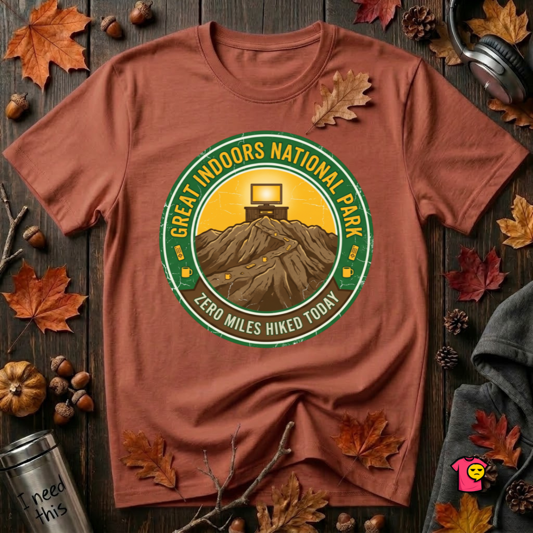 Great Indoors National Park sarcastic graphic t-shirt in Rust by Snarky Sarks