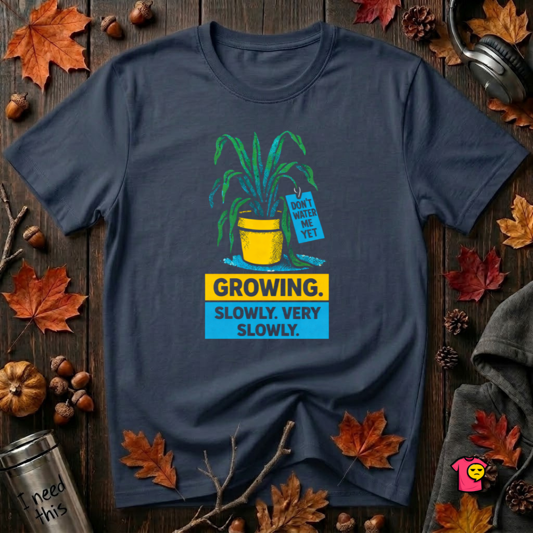 Growing Slowly. Very Slowly. sarcastic plant graphic t-shirt in Navy by Snarky Sarks