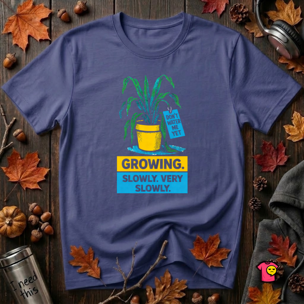 Growing Slowly. Very Slowly. sarcastic plant graphic t-shirt in Team Navy by Snarky Sarks
