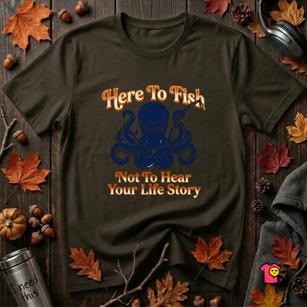 Here to Fish...Not Hear Your Life Story sarcastic graphic t-shirt in Black by Snarky Sarks