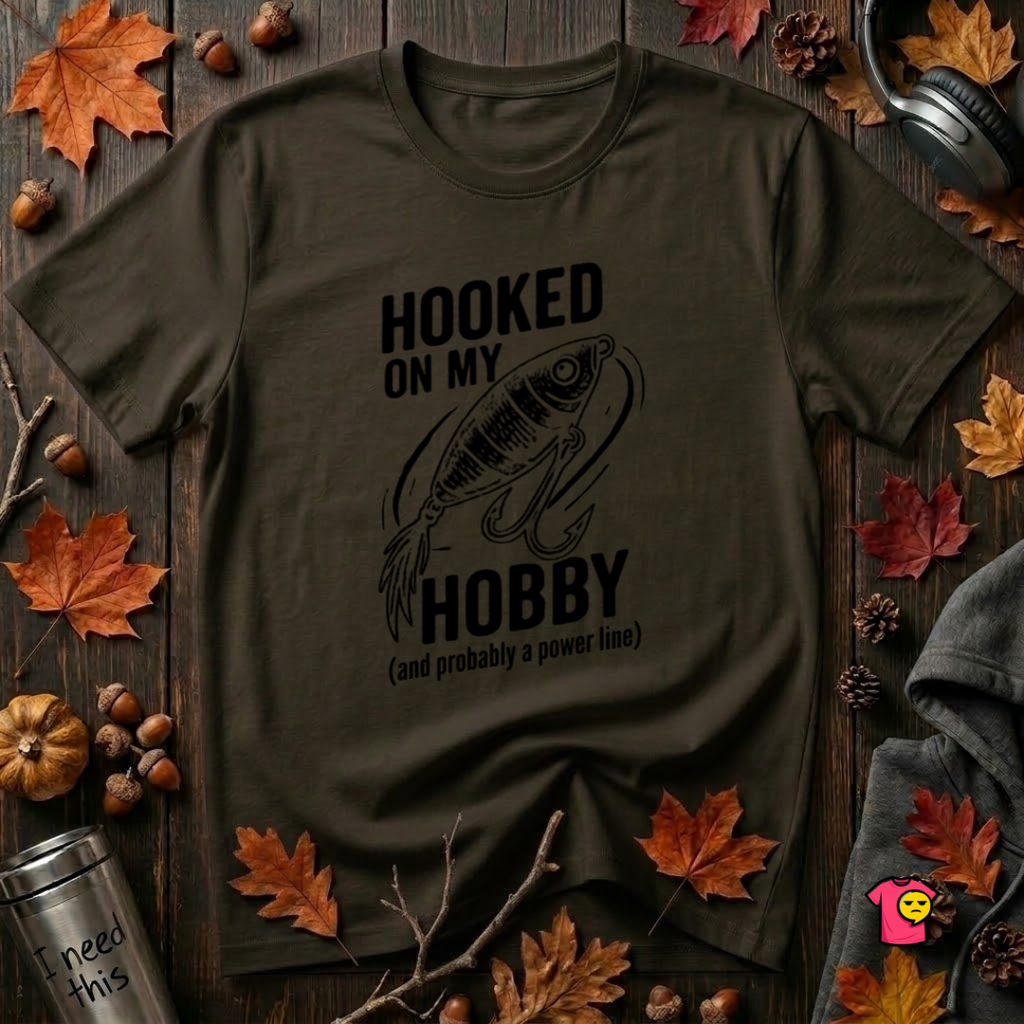Hooked On My Hobby sarcastic graphic t-shirt in Black by Snarky Sarks