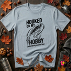 Hooked On My Hobby sarcastic graphic t-shirt in Blue by Snarky Sarks