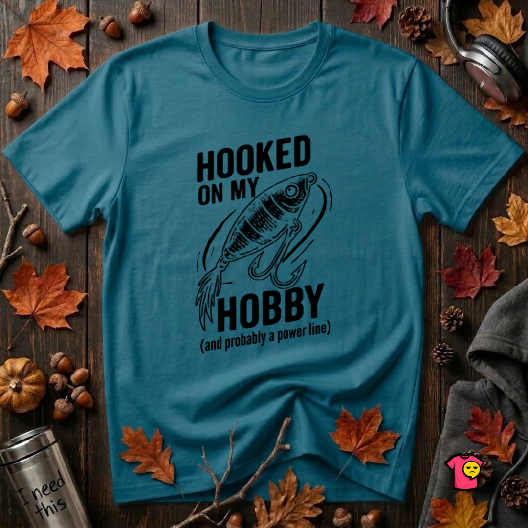 Hooked On My Hobby sarcastic graphic t-shirt in Deep Teal by Snarky Sarks