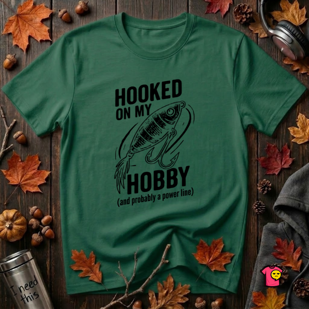 Hooked On My Hobby sarcastic graphic t-shirt in Evergreen by Snarky Sarks