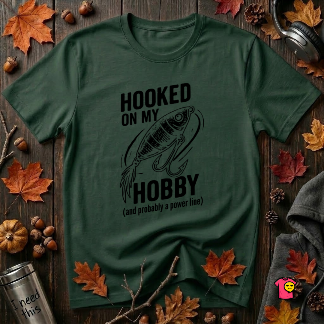 Hooked On My Hobby sarcastic graphic t-shirt in Forest by Snarky Sarks