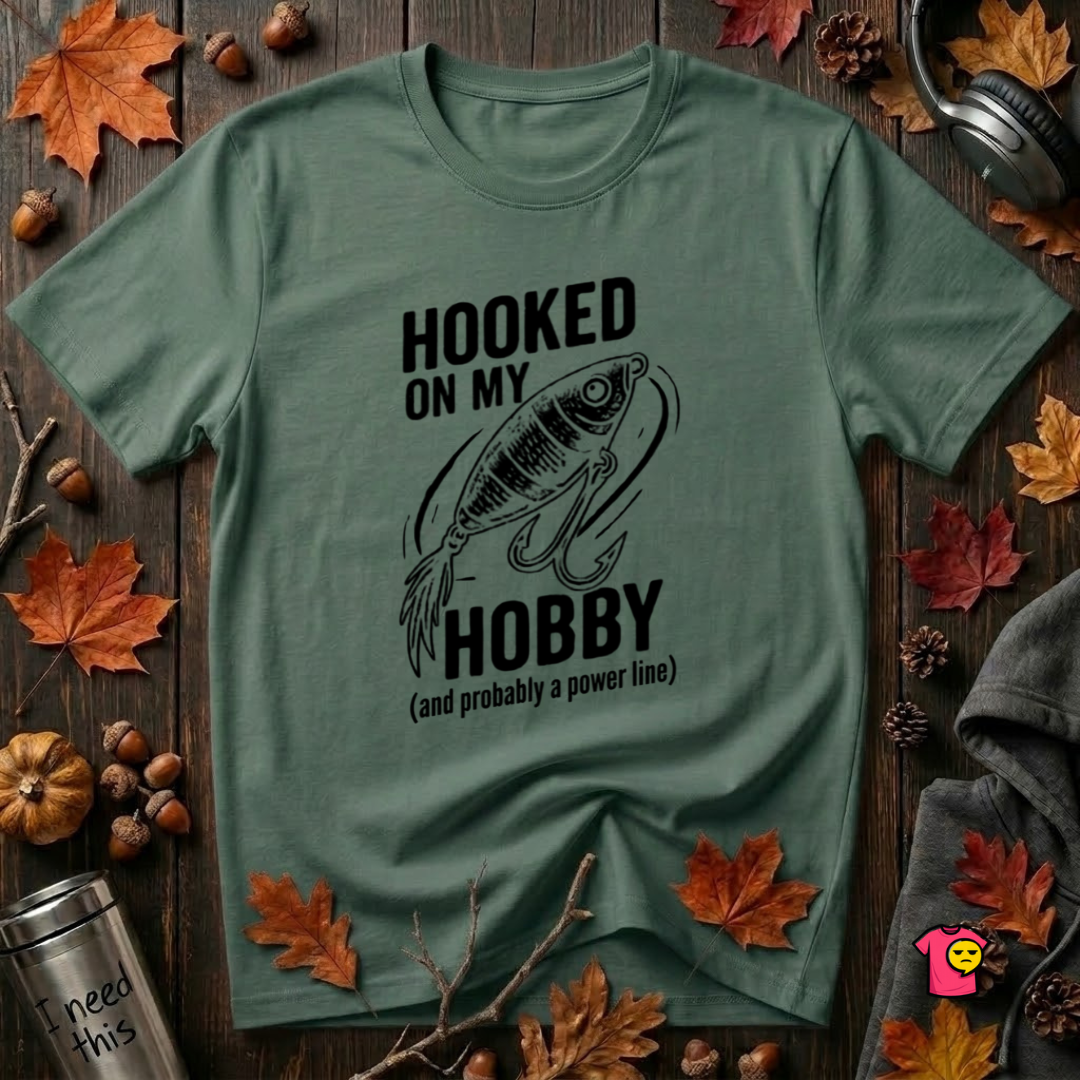 Hooked On My Hobby sarcastic graphic t-shirt in Heather Forest by Snarky Sarks