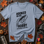 Hooked On My Hobby sarcastic graphic t-shirt in Heather Prism Blue by Snarky Sarks