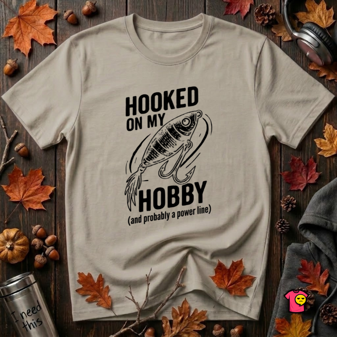 Hooked On My Hobby sarcastic graphic t-shirt in Heather Stone by Snarky Sarks