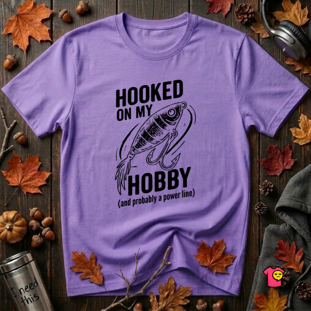 Hooked On My Hobby sarcastic graphic t-shirt in Heather Team Purple by Snarky Sarks