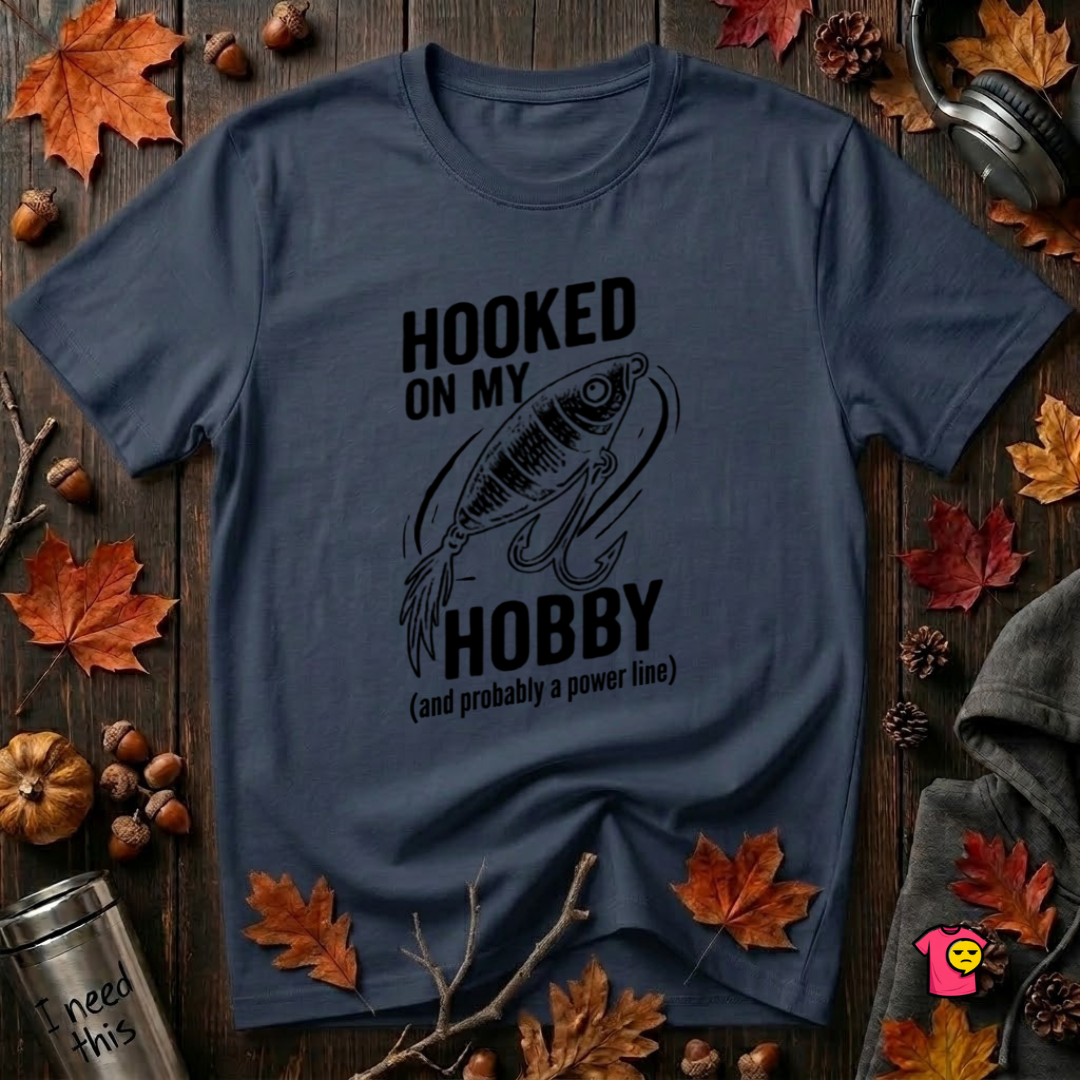 Hooked On My Hobby sarcastic graphic t-shirt in Navy by Snarky Sarks