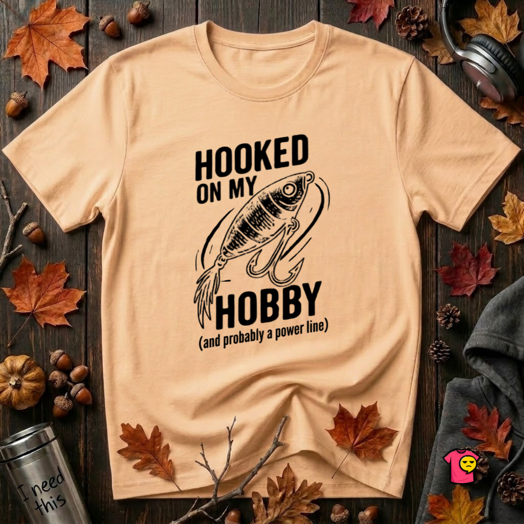 Hooked On My Hobby sarcastic graphic t-shirt in Peach by Snarky Sarks