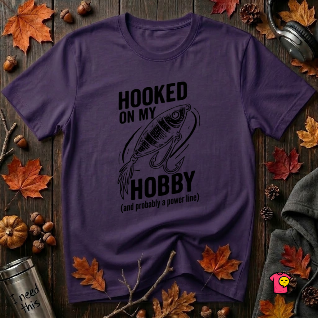 Hooked On My Hobby sarcastic graphic t-shirt in Purple by Snarky Sarks