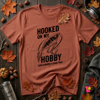 Hooked On My Hobby sarcastic graphic t-shirt in Rust by Snarky Sarks