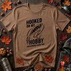 Hooked On My Hobby sarcastic graphic t-shirt in Sand Dune by Snarky Sarks