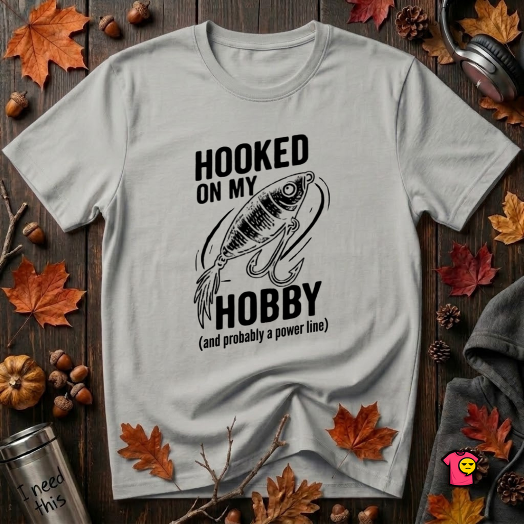 Hooked On My Hobby sarcastic graphic t-shirt in Silver by Snarky Sarks