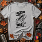 Hooked On My Hobby sarcastic graphic t-shirt in Solid Athletic Gray by Snarky Sarks