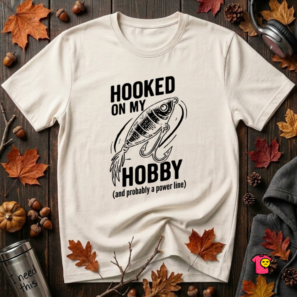 Hooked On My Hobby sarcastic graphic t-shirt in White by Snarky Sarks