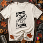Hooked On My Hobby sarcastic graphic t-shirt in White by Snarky Sarks