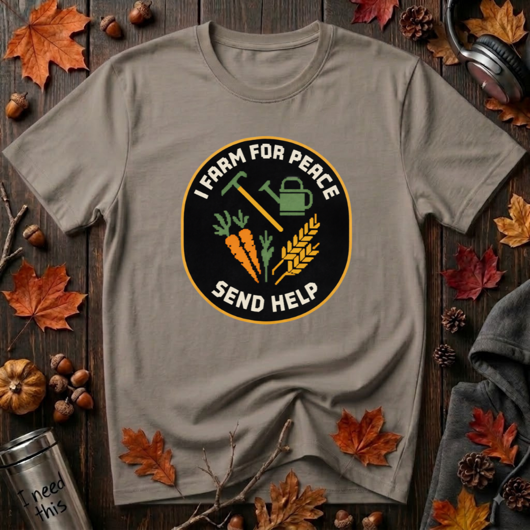 I Farm For Peace -- Send Help sarcastic graphic t-shirt in Asphalt by Snarky Sarks