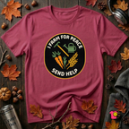 I Farm For Peace -- Send Help sarcastic graphic t-shirt in Cardinal by Snarky Sarks