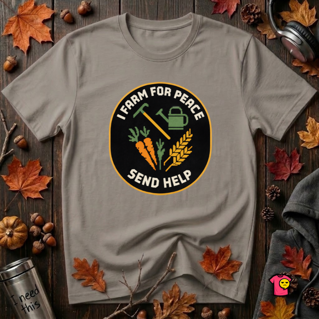 I Farm For Peace -- Send Help sarcastic graphic t-shirt in Deep Heather by Snarky Sarks