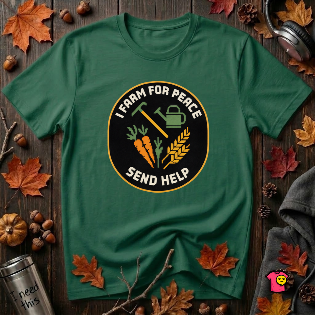 I Farm For Peace -- Send Help sarcastic graphic t-shirt in Evergreen by Snarky Sarks